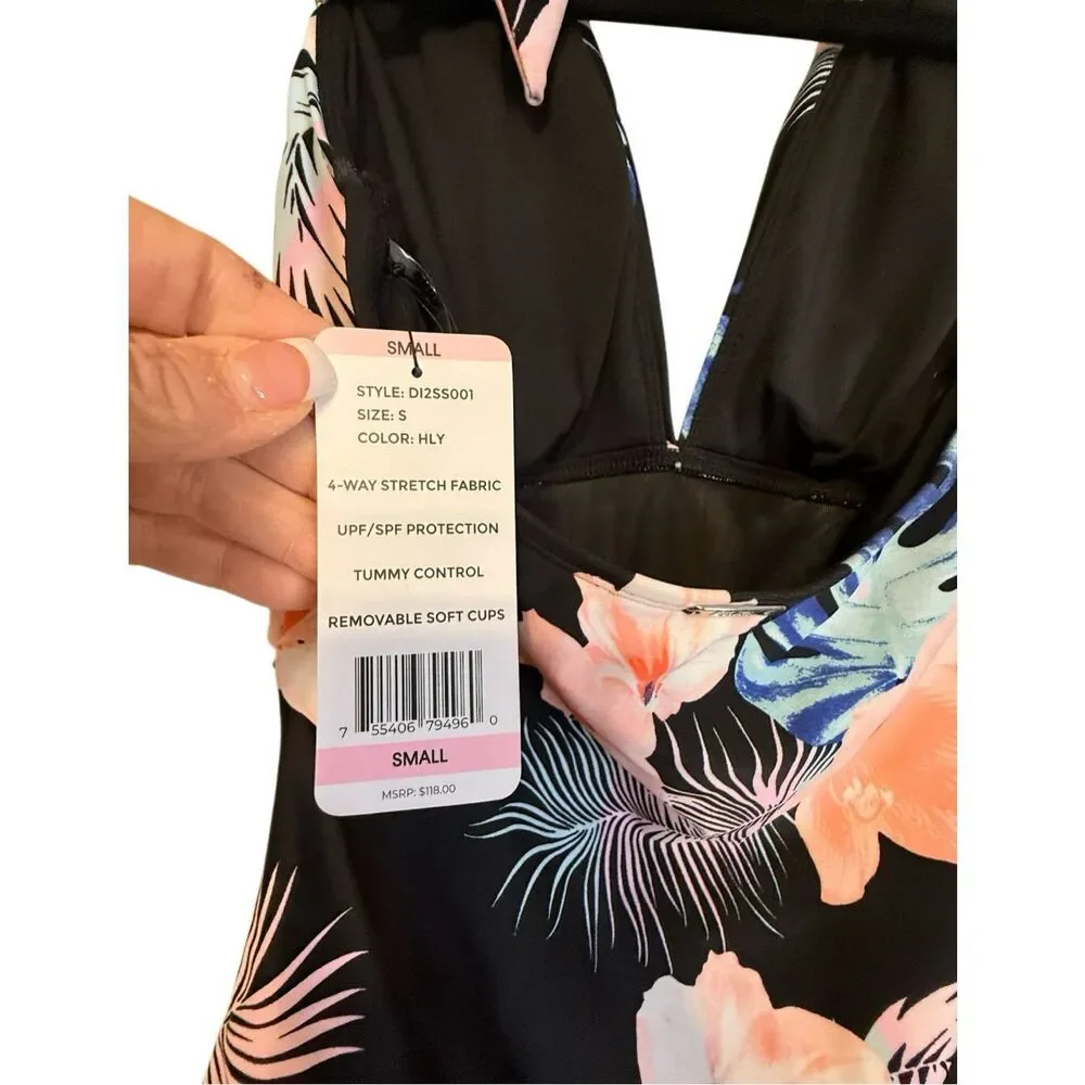 NWT DKNY Women’s Halter Neck 1 Piece Floral Swimsuit Small Cruise Tropical - Picture 5 of 9